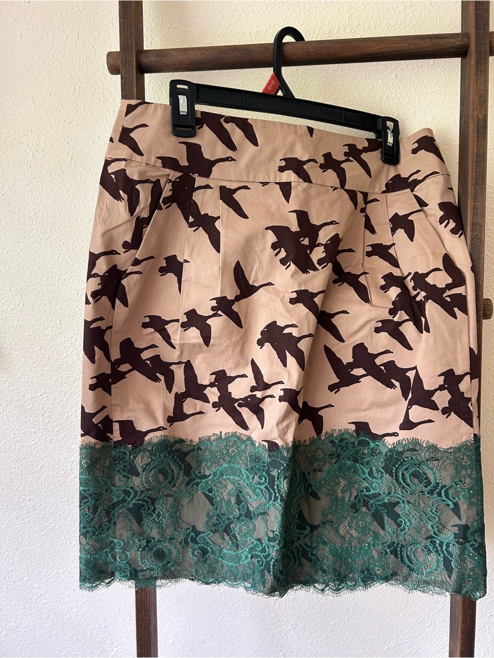 leifsdottir Olive Green Lined Skirt with Brown Bird Print